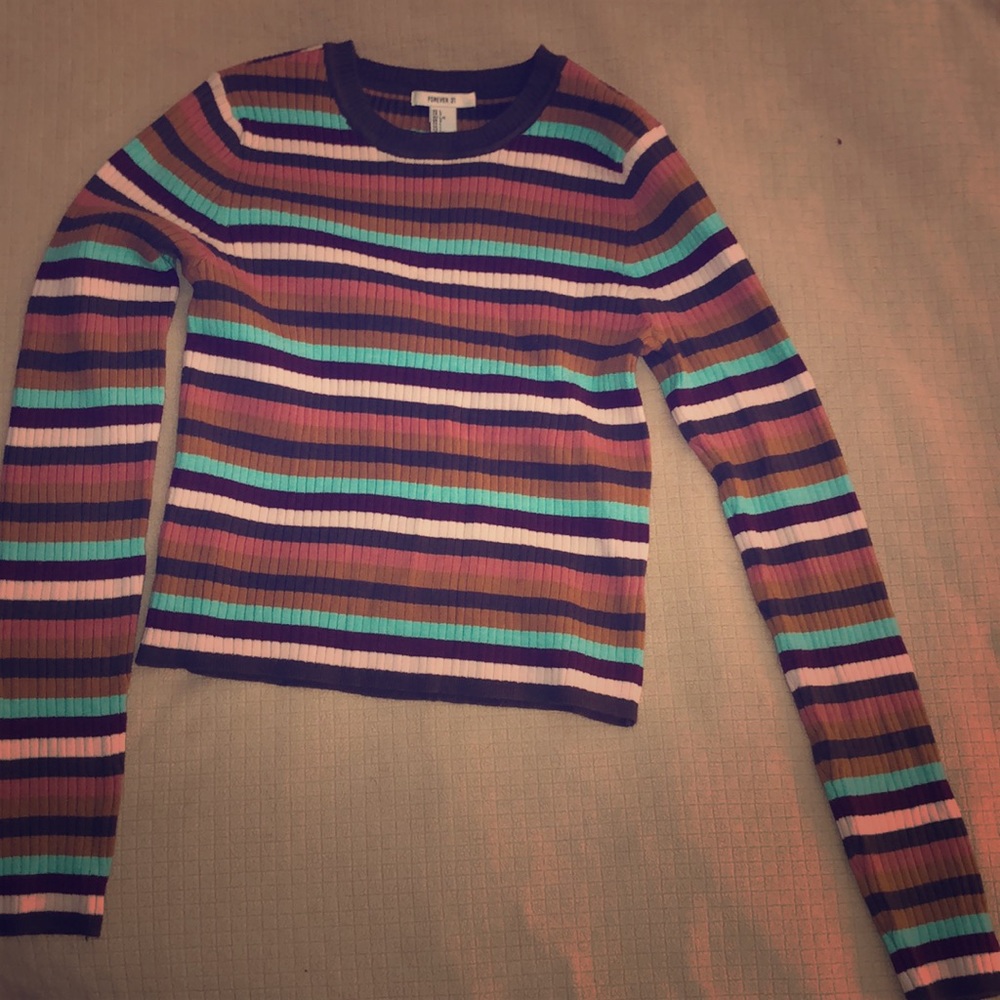 Cropped stripe knit sweater.